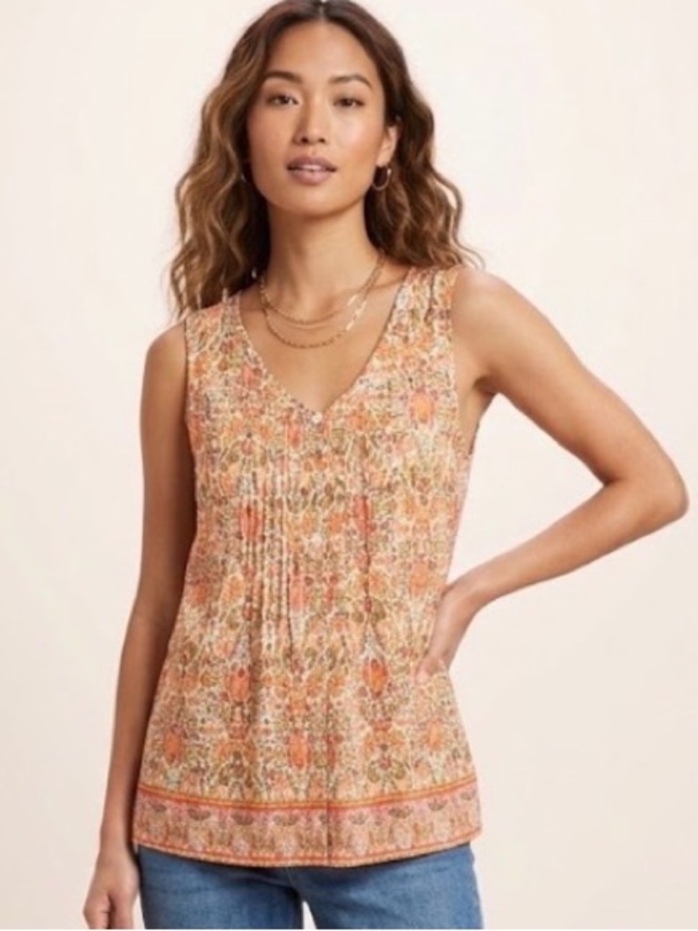 J. Jill Floral V-Neck Sleeveless Top in Orange, Pink and Green, Size Small